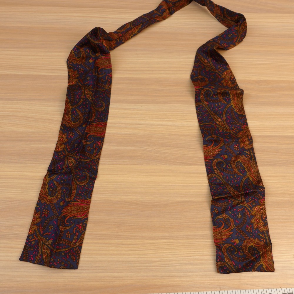 Blue Paisley Neck Tie Mens Square Flat End Ascot Tan Silk Twill Boho 70s Dandy